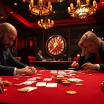 Intense game at a poker table, showcasing nohu-themed chips amid excitement.